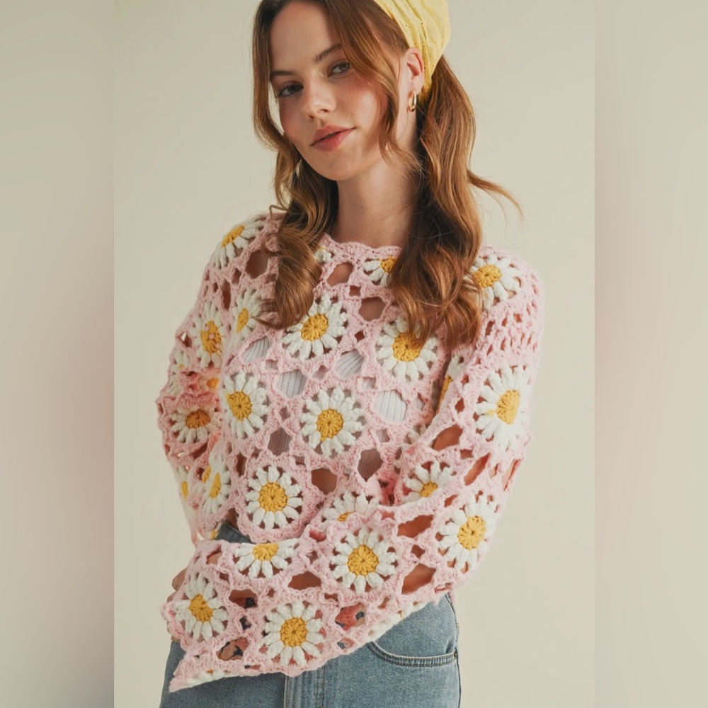Pink Crochet Floral Women Top